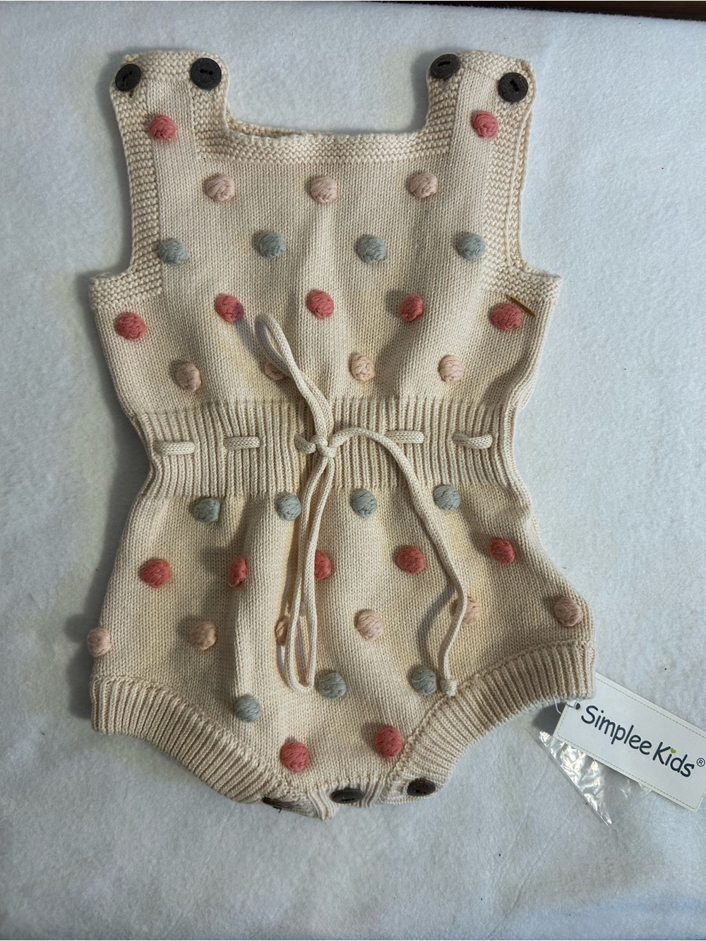 Infant 73(6-12mos) Cream Knit Pom Pom Baby Romper by Simplee Kids